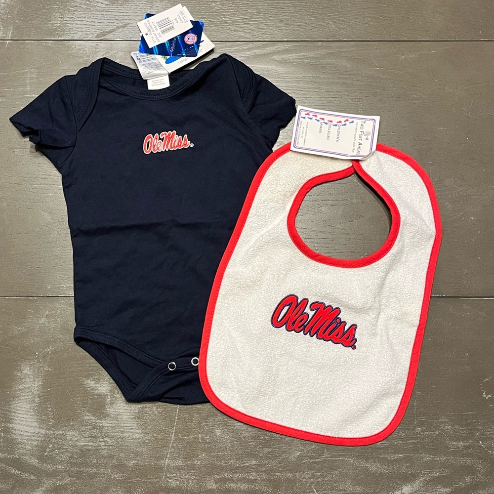 Ole Miss Infant One Piece Bodysuit And Bib 6/9 Month Navy Red NWT